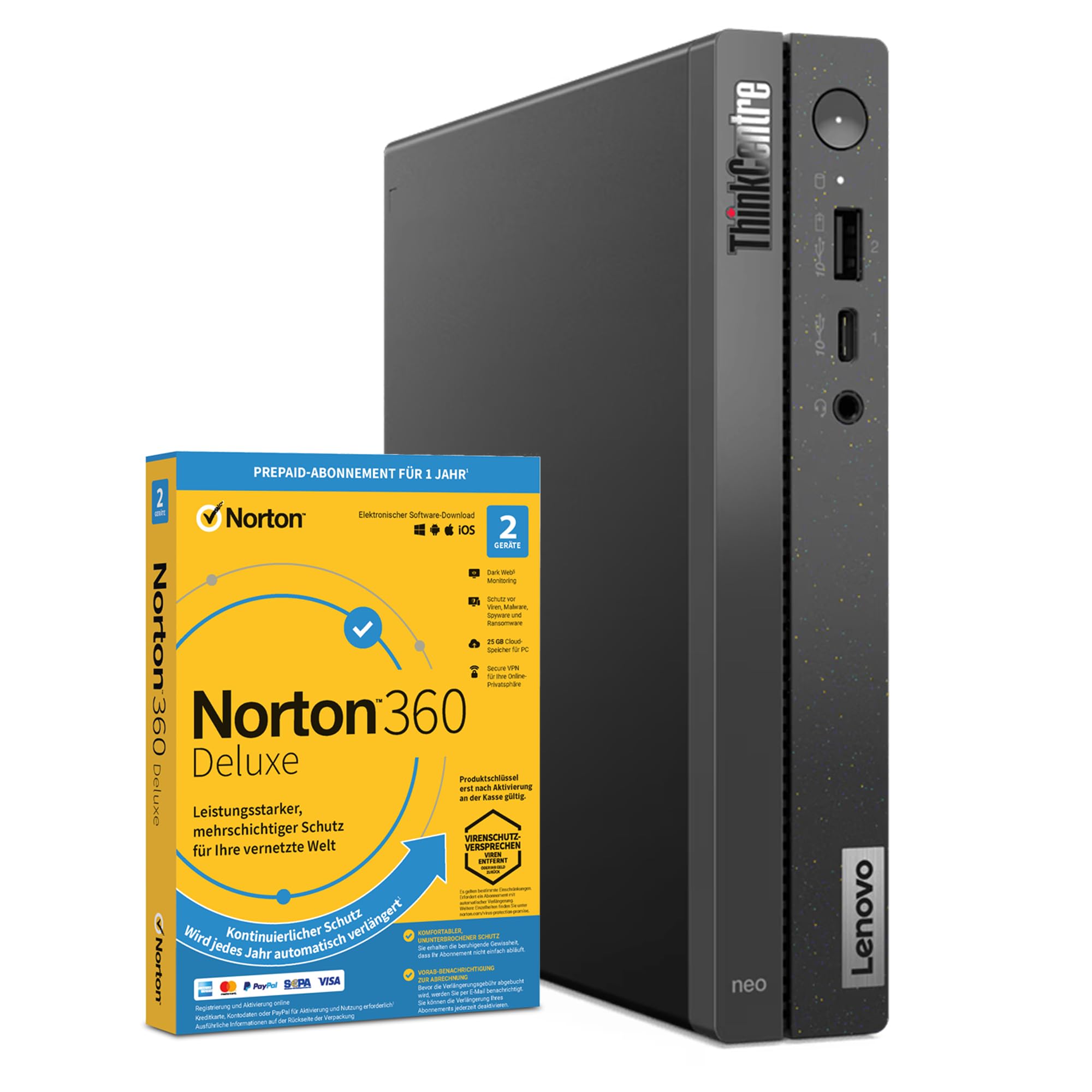 Lenovo ThinkCentre neo 50q Gen 4, Mini PC, Intel Celeron 7305, 5 x bis zu 4.10 GHz, 8 GB DDR4, 256GB SSD, Intel UHD Graphics, Norton 360, Windows 11
