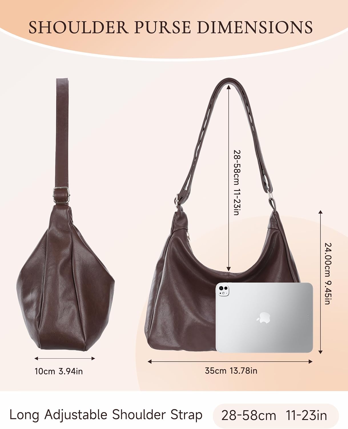 Hobo Bags for Women, Vegan Leather Shoulder Handbag, Stylish Slouchy Tote Purses with Adjustable Strap & Zipper Closure - Image 4