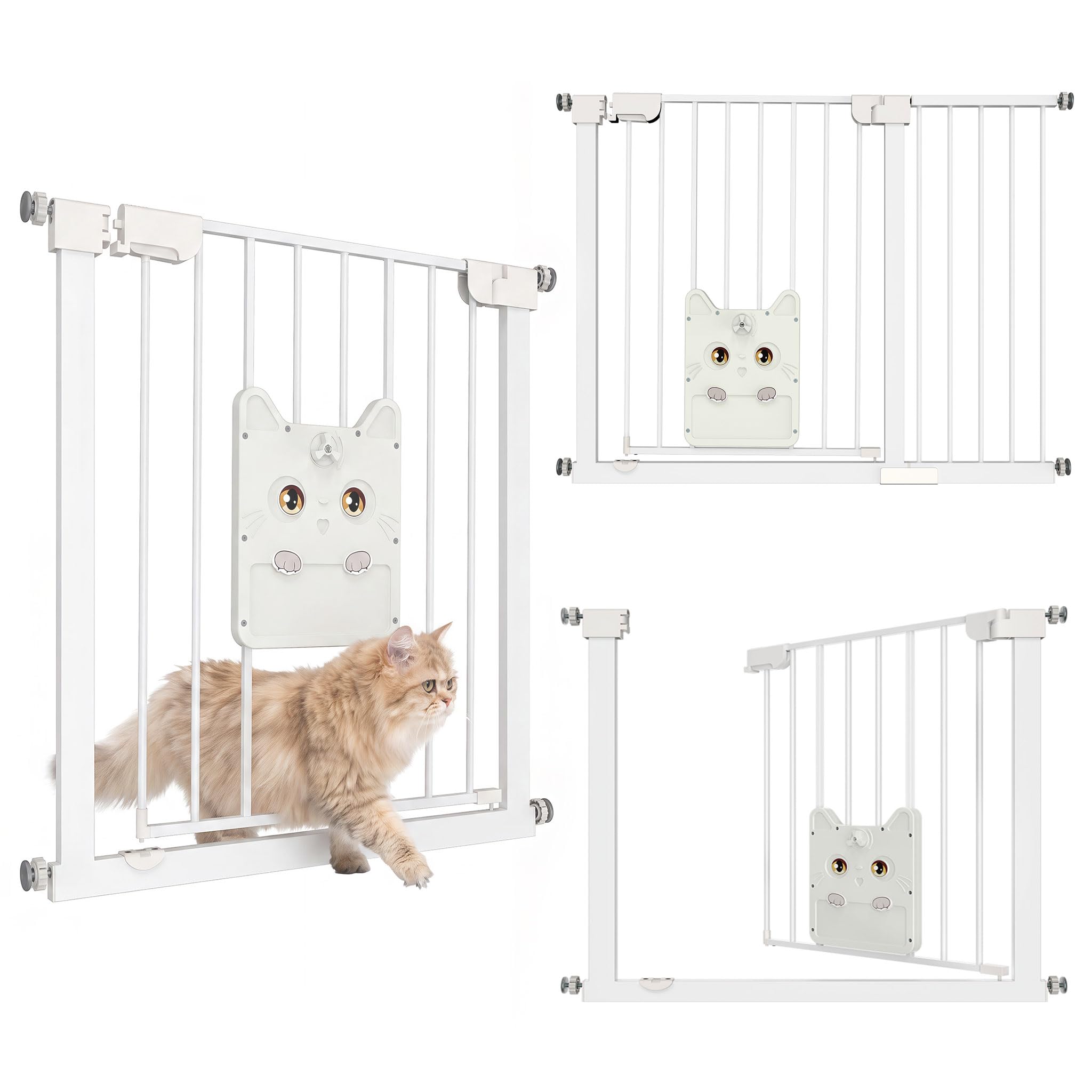 UISEBRT Türschutzgitter Treppengitter ohne Bohren mit großer Katzenklappe für Breiten 105-115 cm,180° beidseitig öffnen Autoclose Doppelschloss Metall Absperrgitter für Baby Hund Katze,Weiß