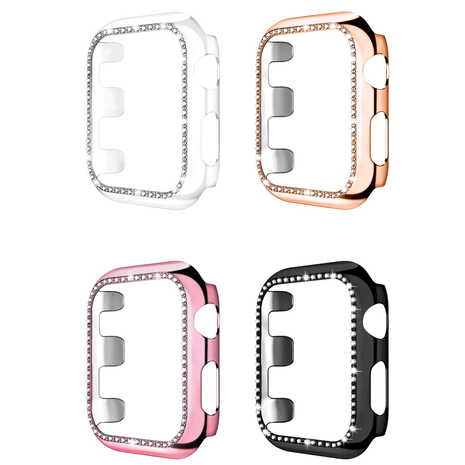 Henva [4-Pack] Cases for Apple Watch SE Screen Protector 44mm, Sparkly Rhinestones Diamonds Protective Cases Cover PC Plated Bumper Frame for iWatch Series 6/5/4(44mm), Black/Rose Gold/Clear/Rose Pink