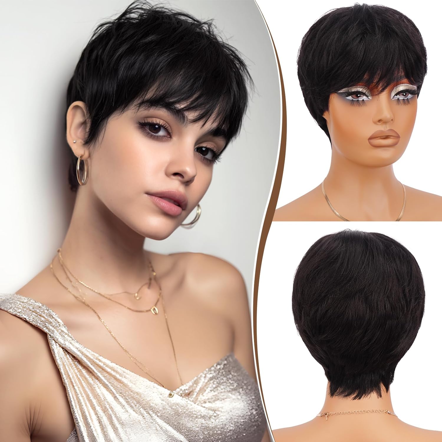RUWISS Pixie Cut Wig Human Hair Wigs Human Hair Wig with Bangs Natural Short Black Wig Layered Wavy Different Style Short Wigs for Black Women (249-1B#)