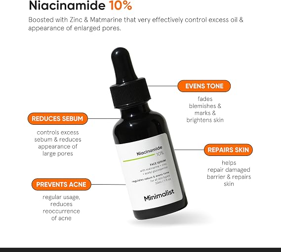 Minimalist 10% Niacinamide Face Serum for Acne Marks, Blemishes & Oil Balancing with Zinc | Skin Clarifying Anti Acne Serum for Oily & Acne Prone Skin, Transparent, 30 ml (Pack of 1)