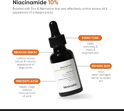 Minimalist 10% Niacinamide Face Serum for Acne Marks, Blemishes & Oil Balancing with Zinc | Skin Clarifying Anti Acne Serum for Oily & Acne Prone Skin, Transparent, 30 ml (Pack of 1)