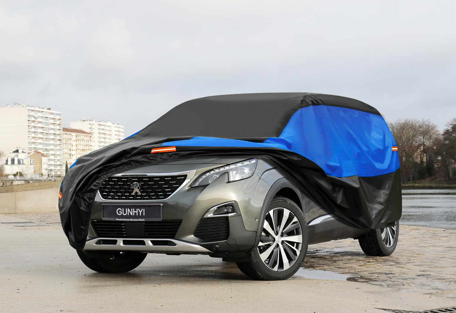 GUNHYI Housse Voiture Imperméable Respirante, SUV Bâche pour Peugeot 3008 (2009-2025), Noir BleuBâche de Voiture complète pour la Pluie Soleil poussière Protection et Doublure.