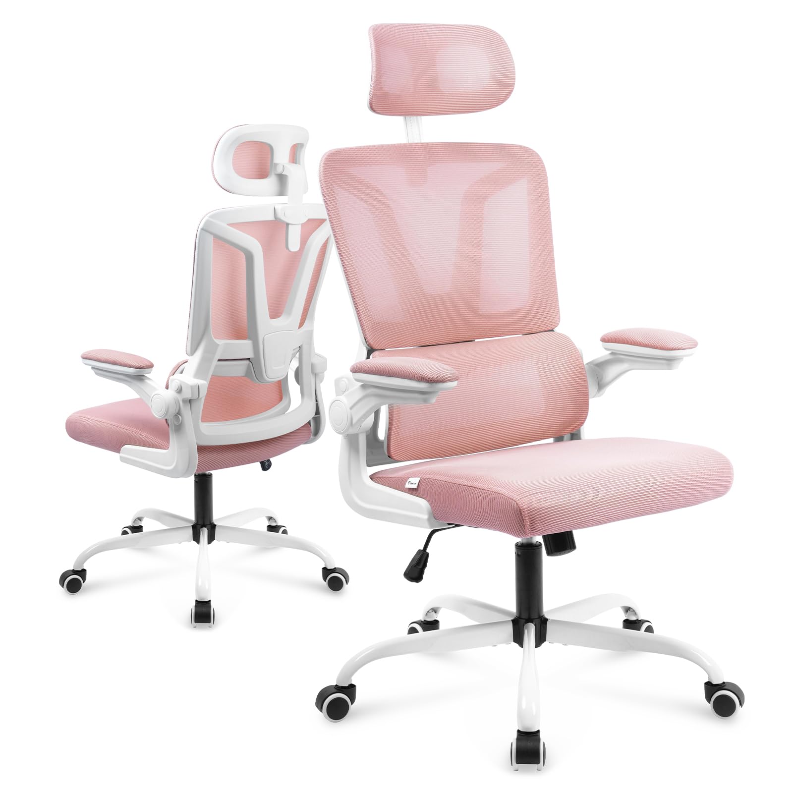 HENGMEI Silla de oficina ergonómica, silla de escritorio para videojuegos, altura regulable, silla giratoria con soporte lumbar y reposabrazos plegables hasta 150 kg, tipo D, color rosa