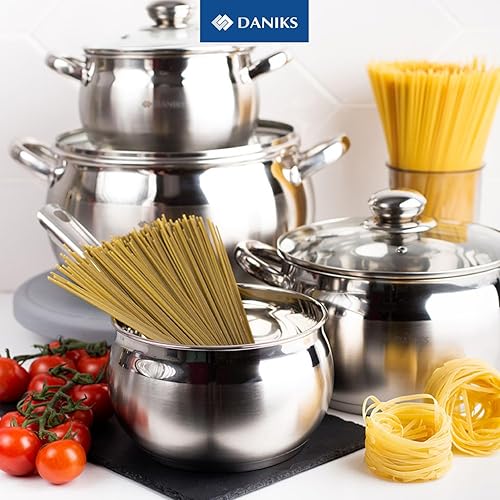 Miniatura 2 de Daniks Juego clásico de utensilios de cocina de acero inoxidable de 12 piezas con cacerola y sartén, tapas de vidrio, compatible con inducción, apto