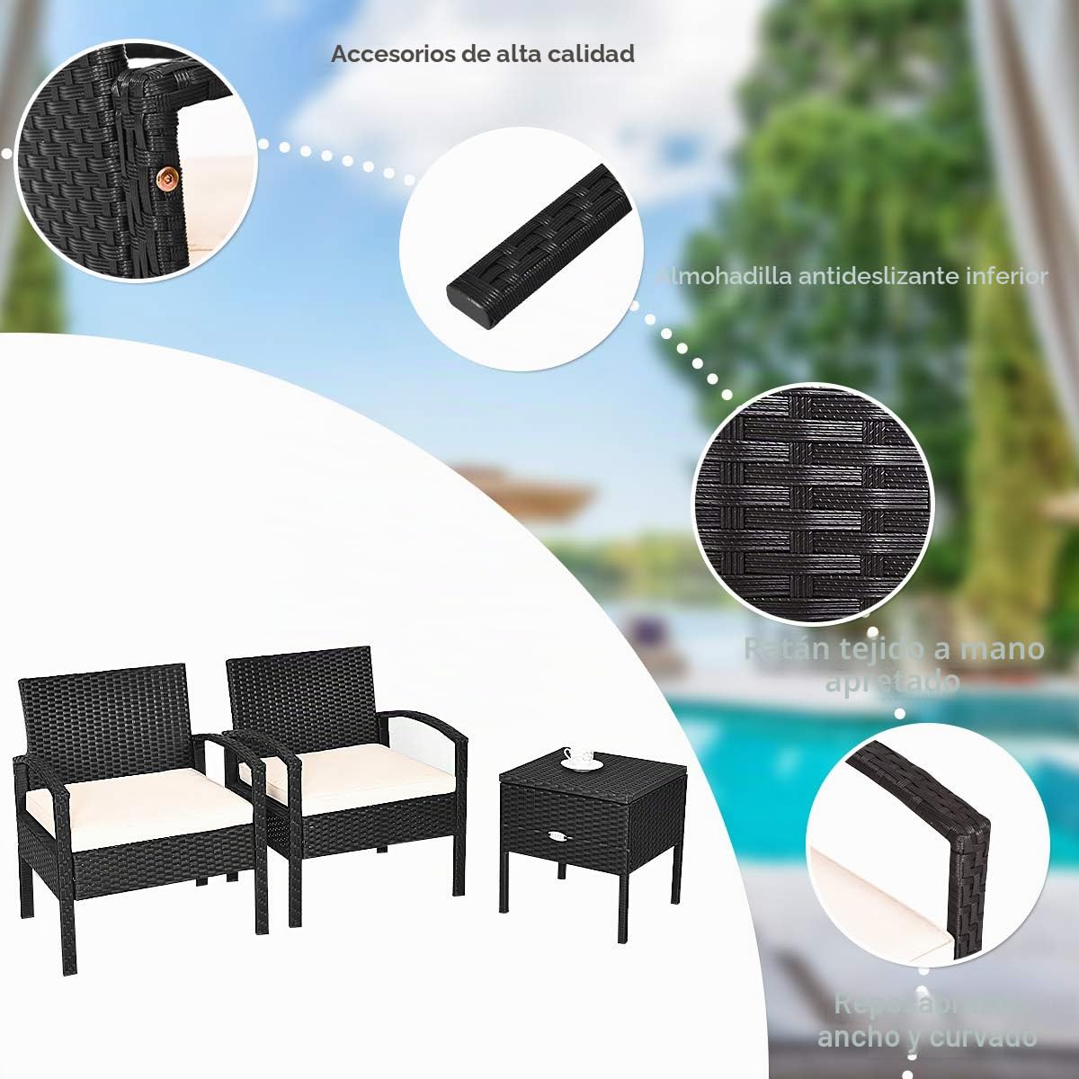 GIANTEX Juego de Muebles de Exterior 3 Piezas de Ratán PE