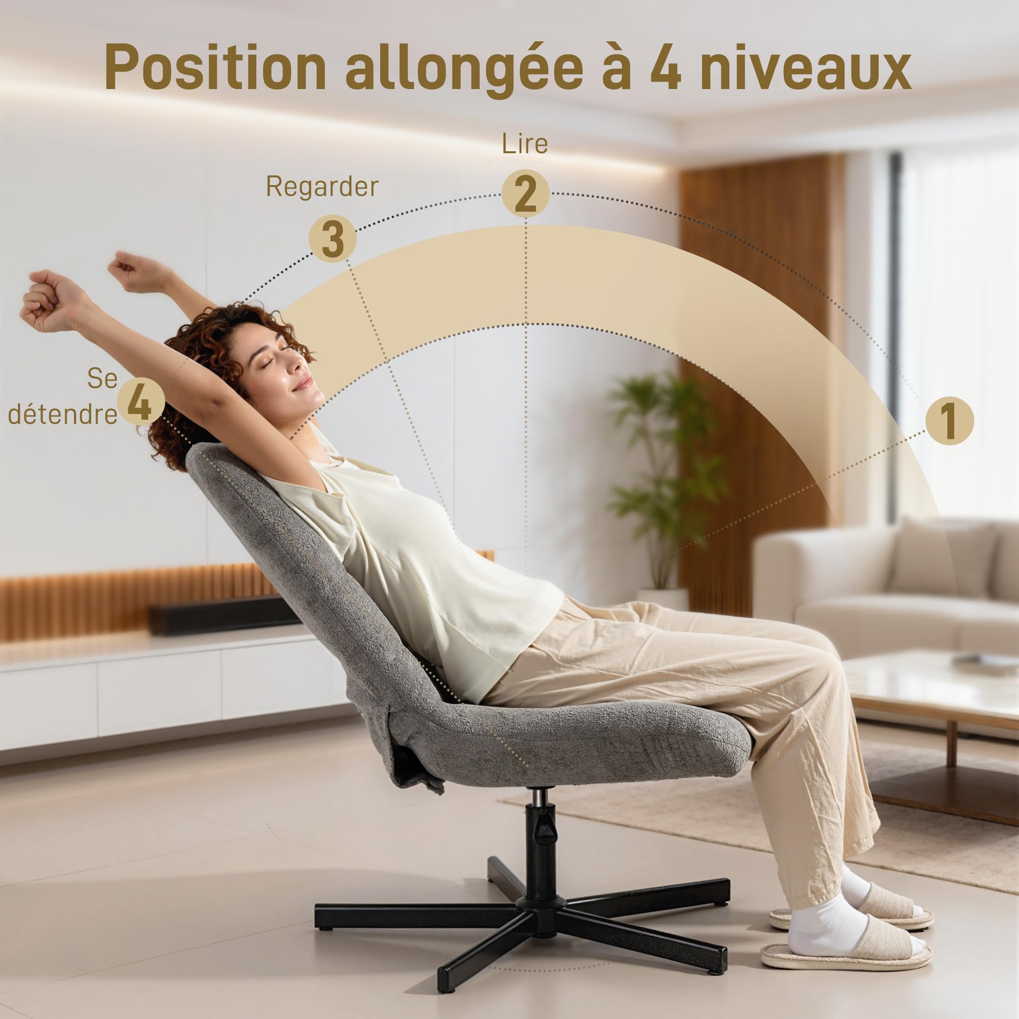 HOMCOM Fauteuil Salon avec Repose-Pieds, Chaise pivotante en Velours sans accoudoirs, Hauteur réglable, Dossier inclinable 4 Positions, Assise rembourrée, Fauteuil Relax pour Salon et Chambre, Gris | Sans Accoudoirs, Hauteur Réglable, Dossier Inclinable 4
