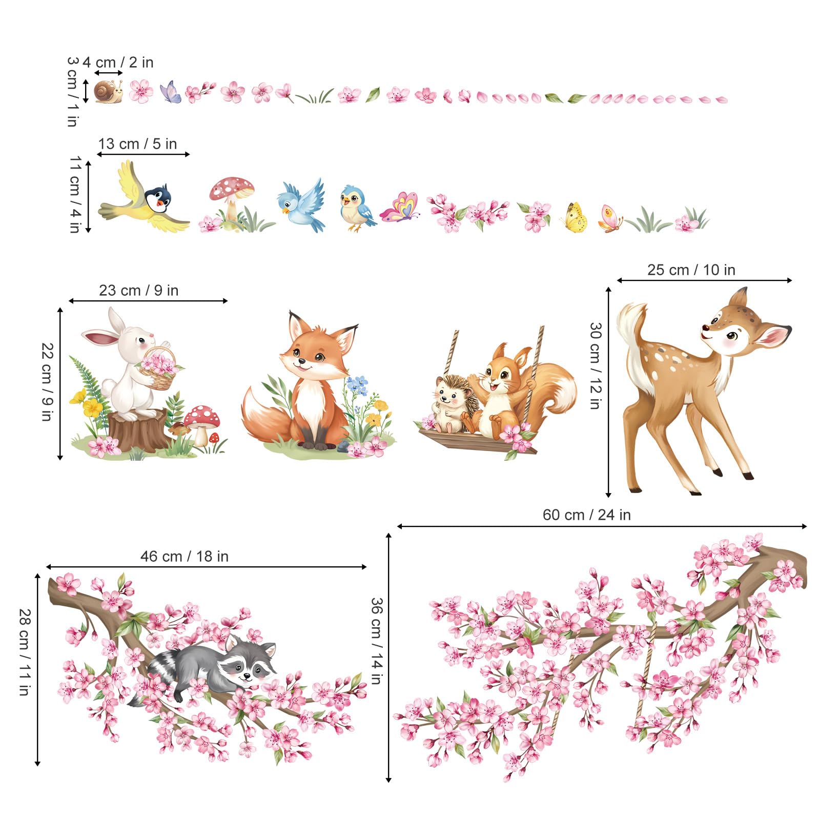 decalmile Stickers Muraux Fleurs de Cerisier Rose Autocollant Mural Animaux des Bois Floral Branche Arbre Décoration Murale Bébé Fille Chambre Enfants Pépinière