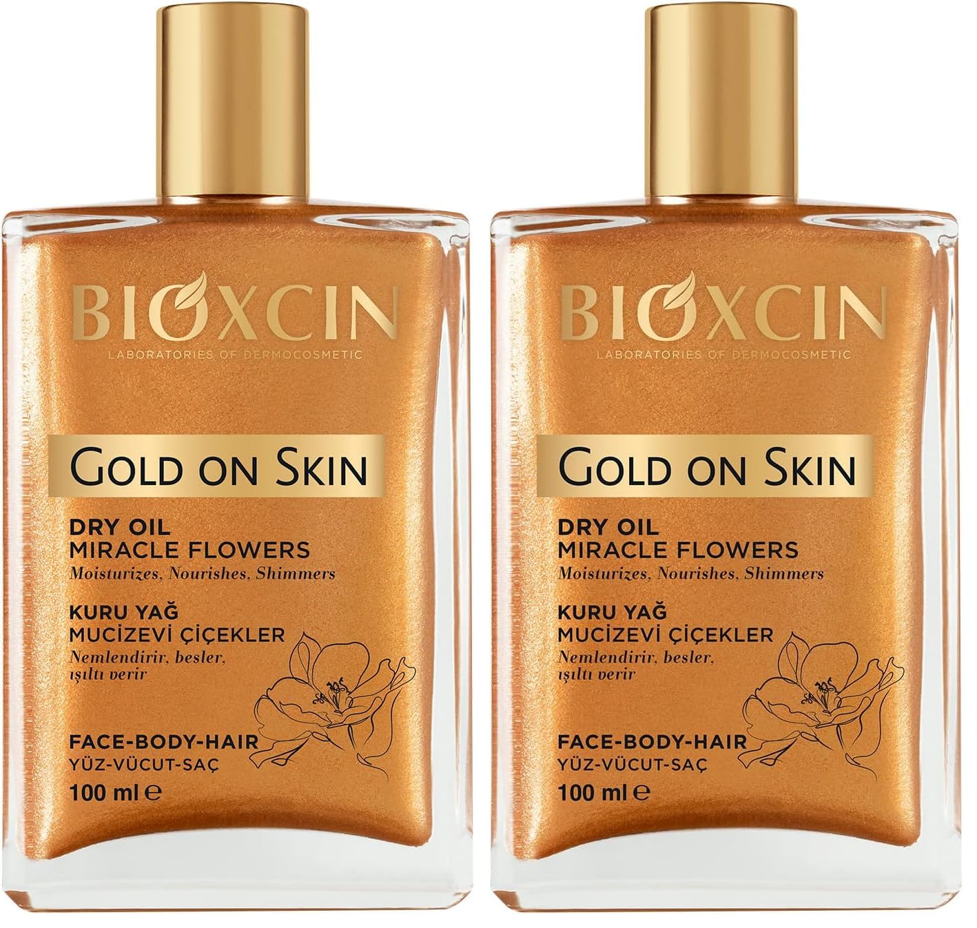Bioxcin Gold On Skin Kuru Yağ – Yasemin, Manolya, Hanımeli, Kalendula ve Hindistan Cevizi Yağları İçeren Işıltı Veren Nemlendirici – 100 ml – Tüm Cilt Tipleri İçin (2 paketi)