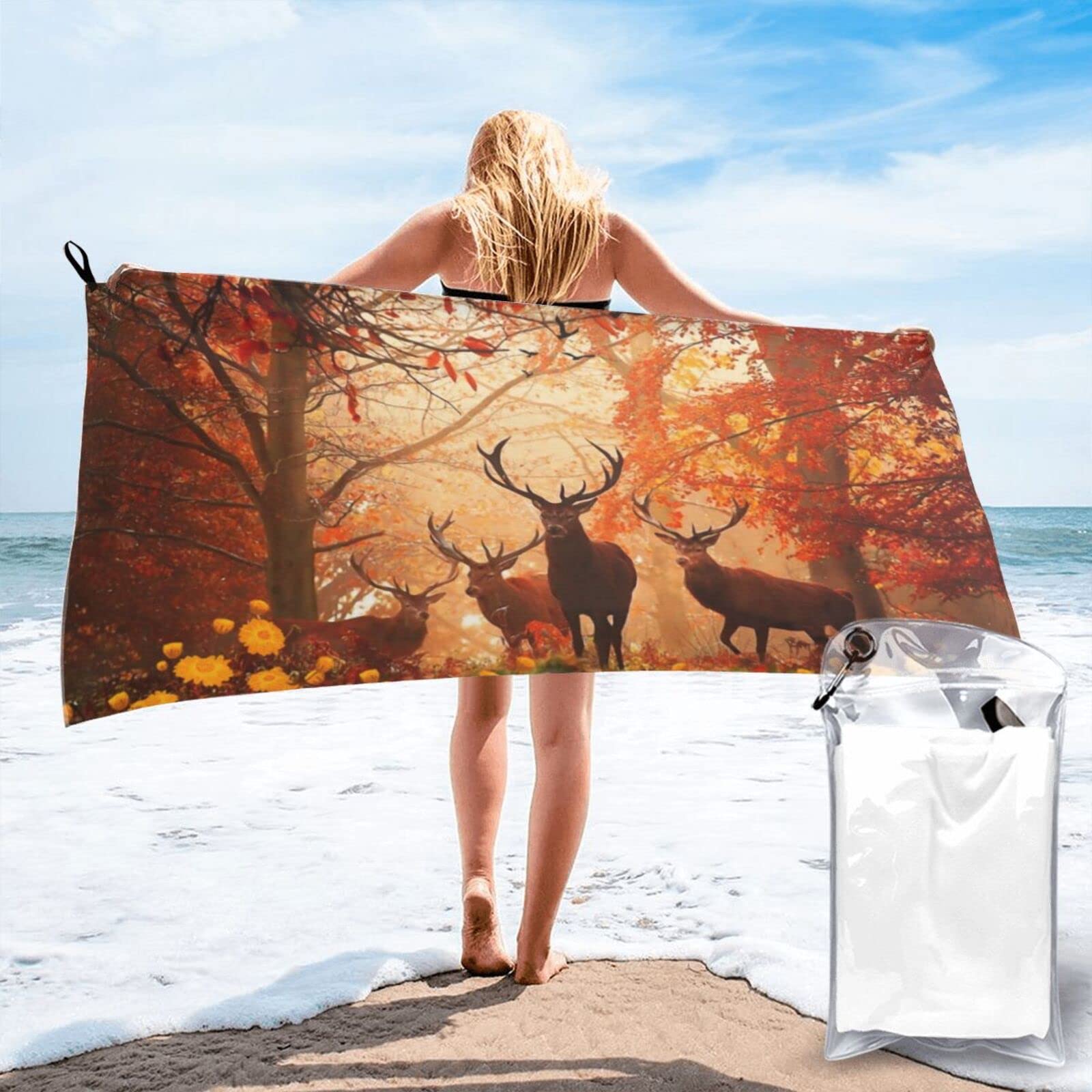 Lawenp Flower and Deer Microfiber Beach Towel Adults Large Quick Drying Bath Towel Travel Towels with Pouch 27.5"x55"