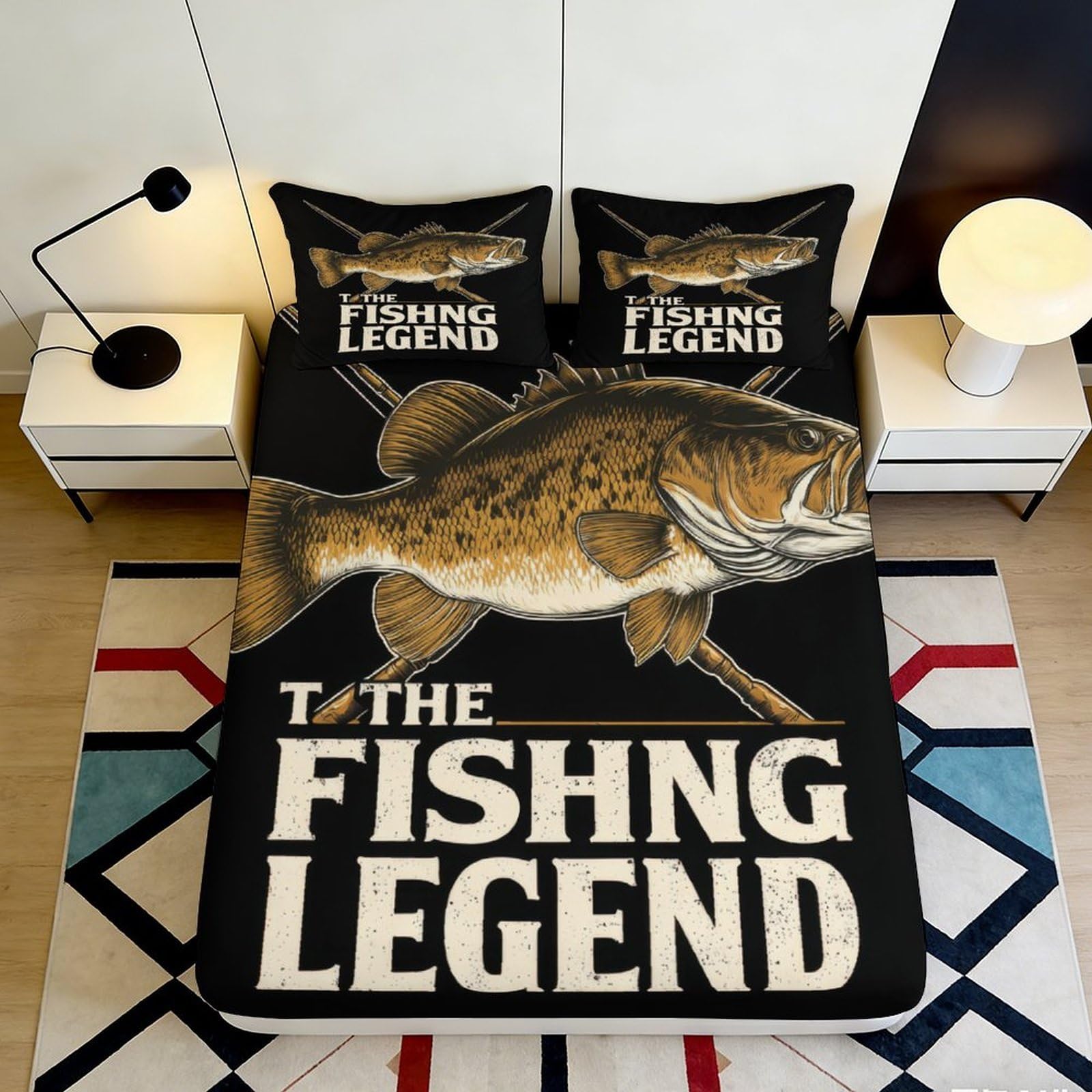 3D Printed Fishing Legend Fitted Sheet Microfiber Soft Non-Slip Bed Cover for Bedroom Dorm Mattress Decor 90x200x25cm