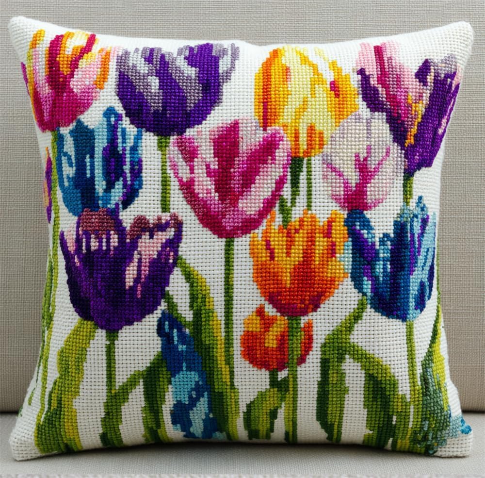 Nahuigood 11Ct Stamped Cross Stitch Kit,Colorful Tulips 45X45cm Diy Embroidery Cushion,Tapestry Pillow Kit For Living Room Sewing Supplies Adults Beginners Gift
