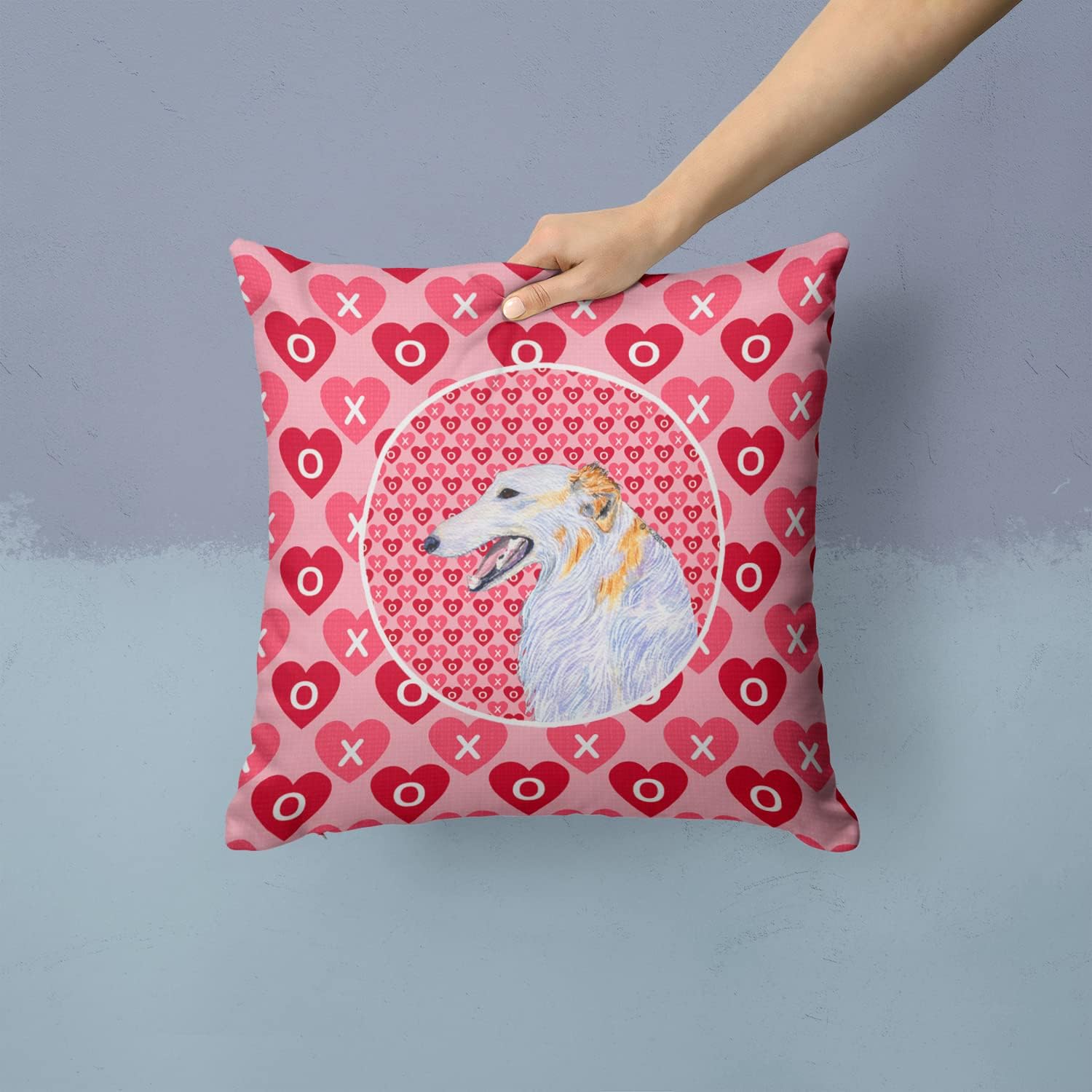 Caroline's Treasures SS4475PW1414 Borzoi Hearts Love and Valentine's Day Portrait Fabric Decorative Pillow Machine Washable, Indoor Outdoor Decorative Pillow for Couch, Bed or Patio, 14Hx14W