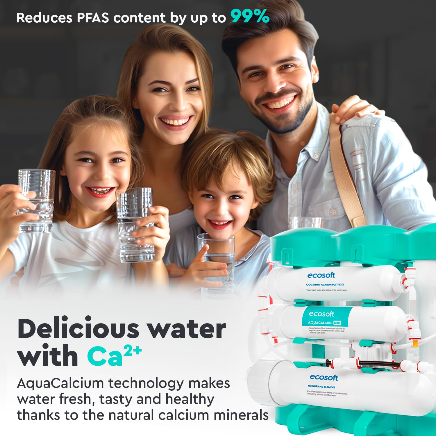 Ecosoft P'URE AquaCalcium Mint Filtre à osmose inverse pour la maison, filtre 99 | 8 purcent des polluants de l'eau | minéralise l'eau potable avec du calcium | avec réservoir d'eau