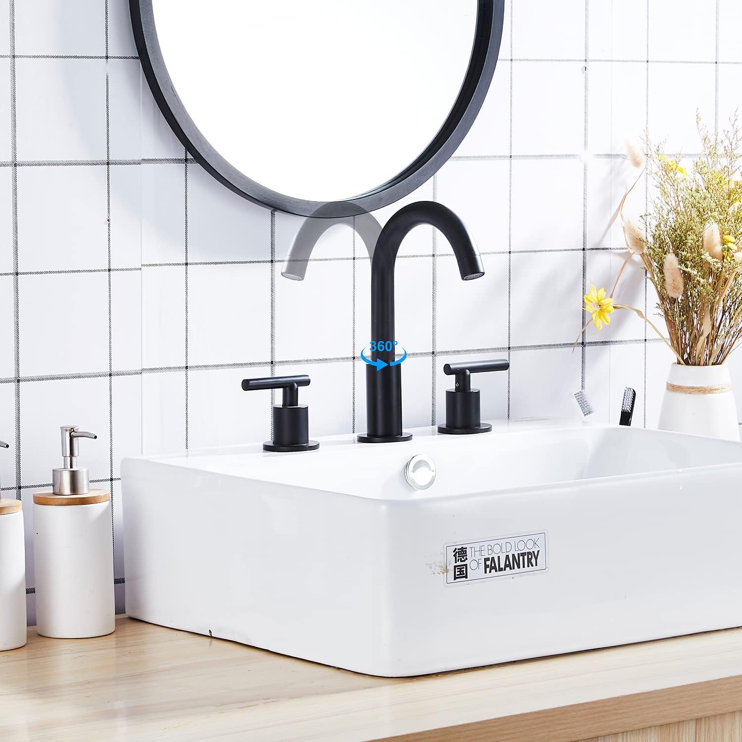 Best Review GGStudy Black Bathroom Faucet 2-Handles 3 Holes 360 Swivel Spout Widespread Bathroom Sink Faucet with Pop Up Drain