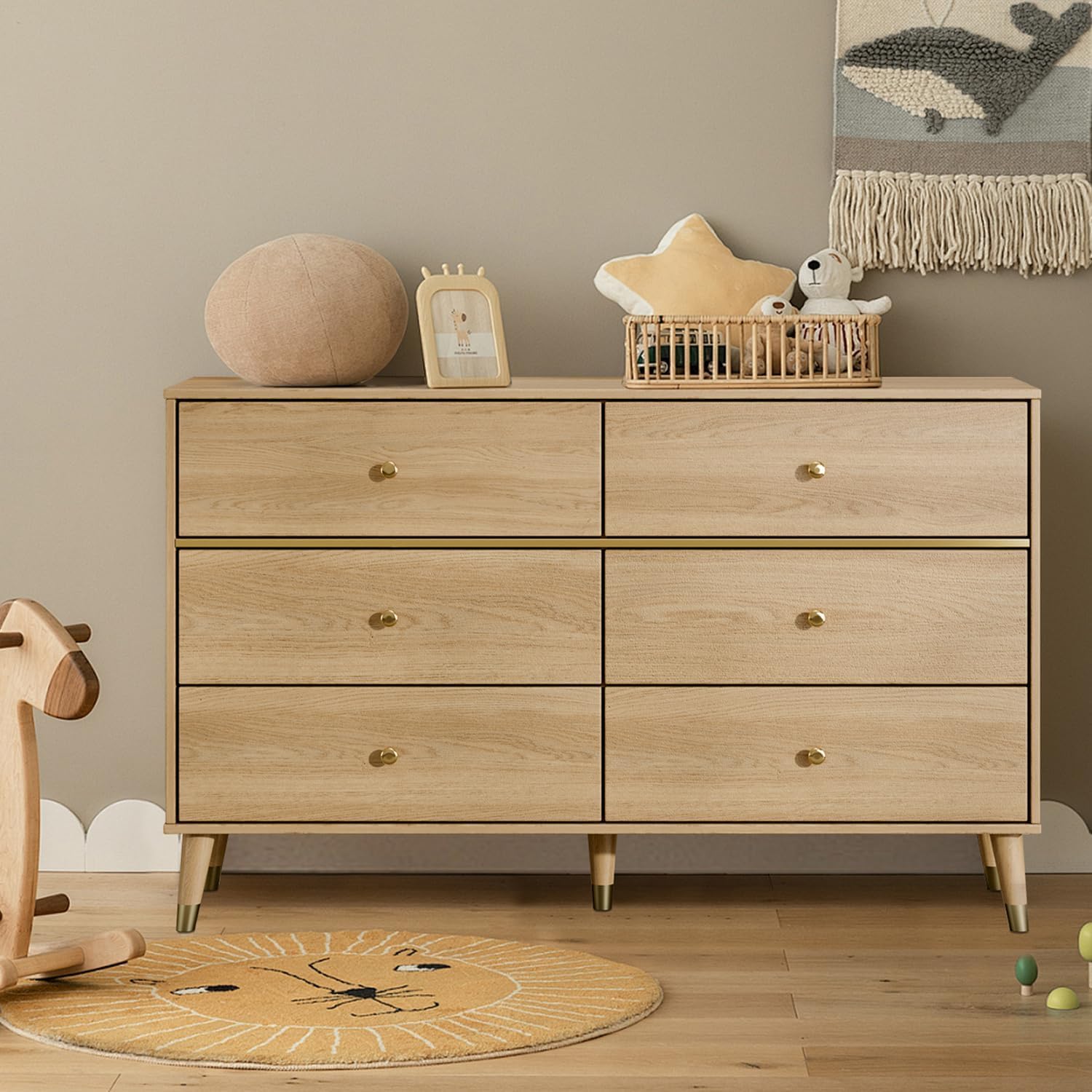 6 Drawer Dresser,47" Wide Mid Century Modern Chest of Drawers,Wooden Bedroom Drawer Dresser with 6 Storage Drawers for Bedroom,Living Room,with Anti-Tipping Device,Wood - Image 6