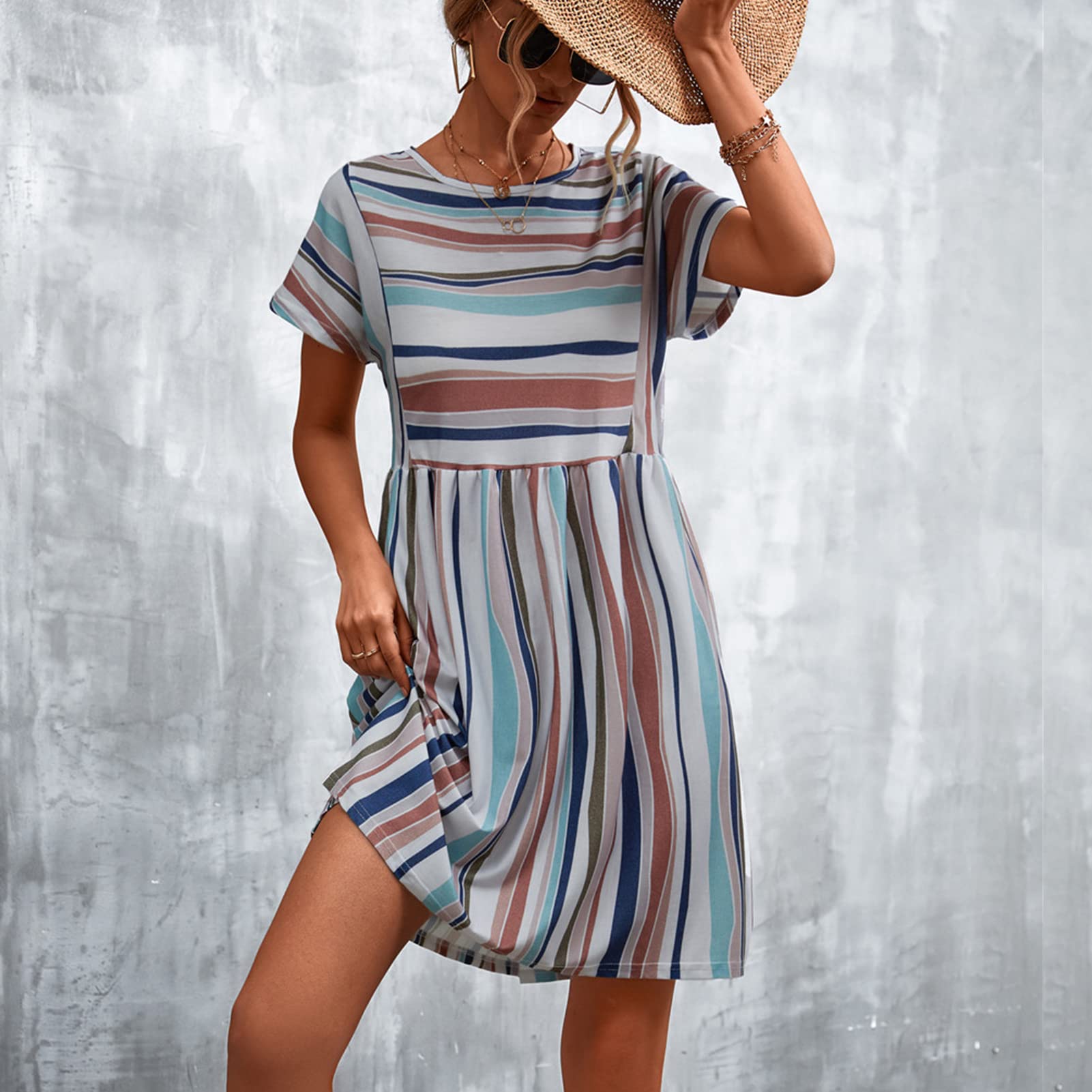 slim fit dress slacks Blue Viscose Midi Dress - Minimalist Short Sleeve Dress main image 1
