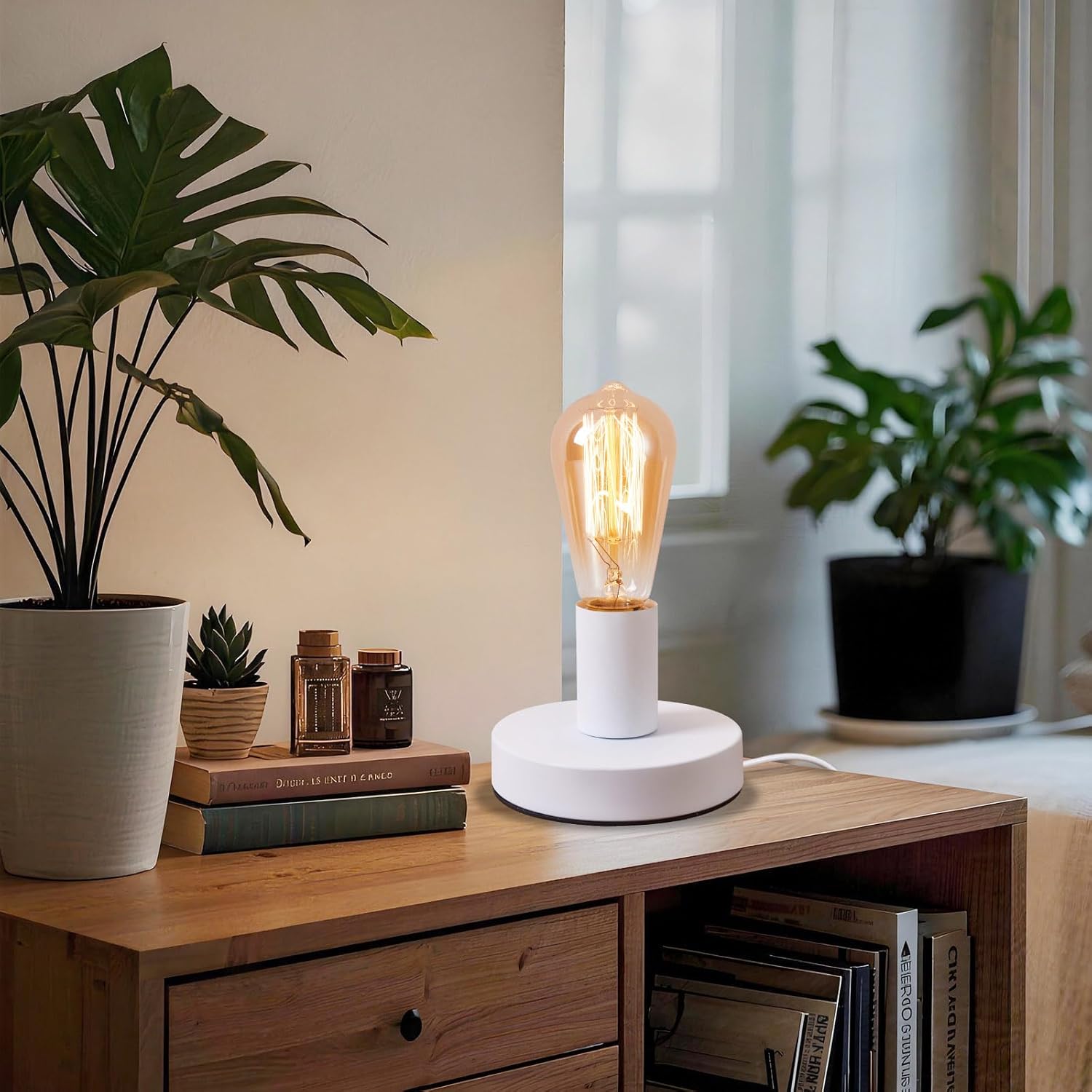 Industrial Table Lamp Base E26/E27 Ceramic Base Holder, Vintage Small Desk Lamp with Plug in Cord On/Off Switch Edison Screw Light Bulb Holder Base for Home Lighting Decor (White)