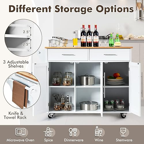 Miniatura 3 de COSTWAY Carrito móvil de isla de cocina carrito de almacenamiento con barra de toallas 2 cajones profundos armarios de 3 puertas ruedas giratorias