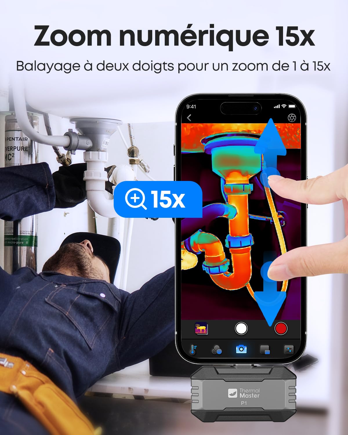 Caméra thermique Thermal Master P1 pour iPhone 15/16 et Android Caméra infrarouge Thermocaméras avec résolution X³ IR 320x240, -20℃-600℃ Inspection de maison 15x Zoom