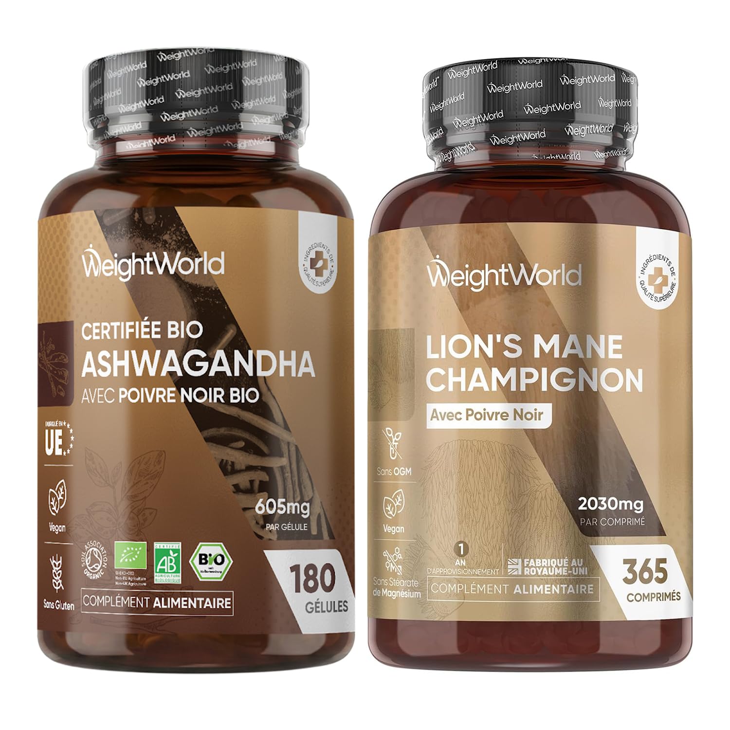 Duo - Ashwagandha Bio Gélules & Lions Mane Champignon 365 Micro-Comprimés