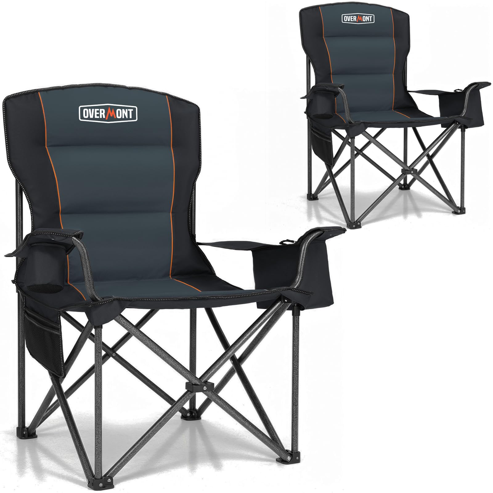 OVERMONT 2 Pack Oversized Camping Folding Chair for Adults with Cooler Bag & Carry Bag-Heavy Duty Lawn Chair with Cup Holder Support 227kg with High Back Comfy for Garden Picnic Beach Fishing Outdoor