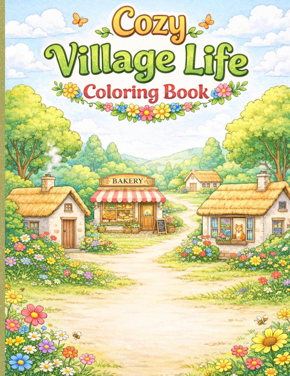 Cozy Village Life Coloring Book: Relaxing Cute Scenes of Cottages, Rainy Days, Bakeries & Simple Living for Adults and Teens