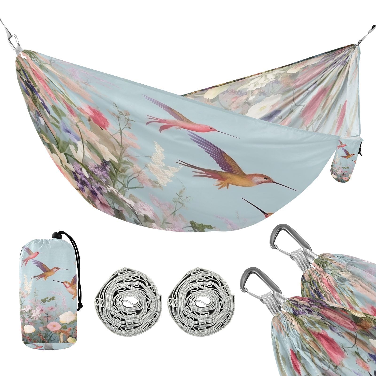 Haskirky Hummingbirds Flowers Camping Hammock, Single Portable Hammocks with Tree Straps & Attached Carry Bag, 330Lbs Capacity Perfect for Outside Indoor Hiking Beach Backpack Travel