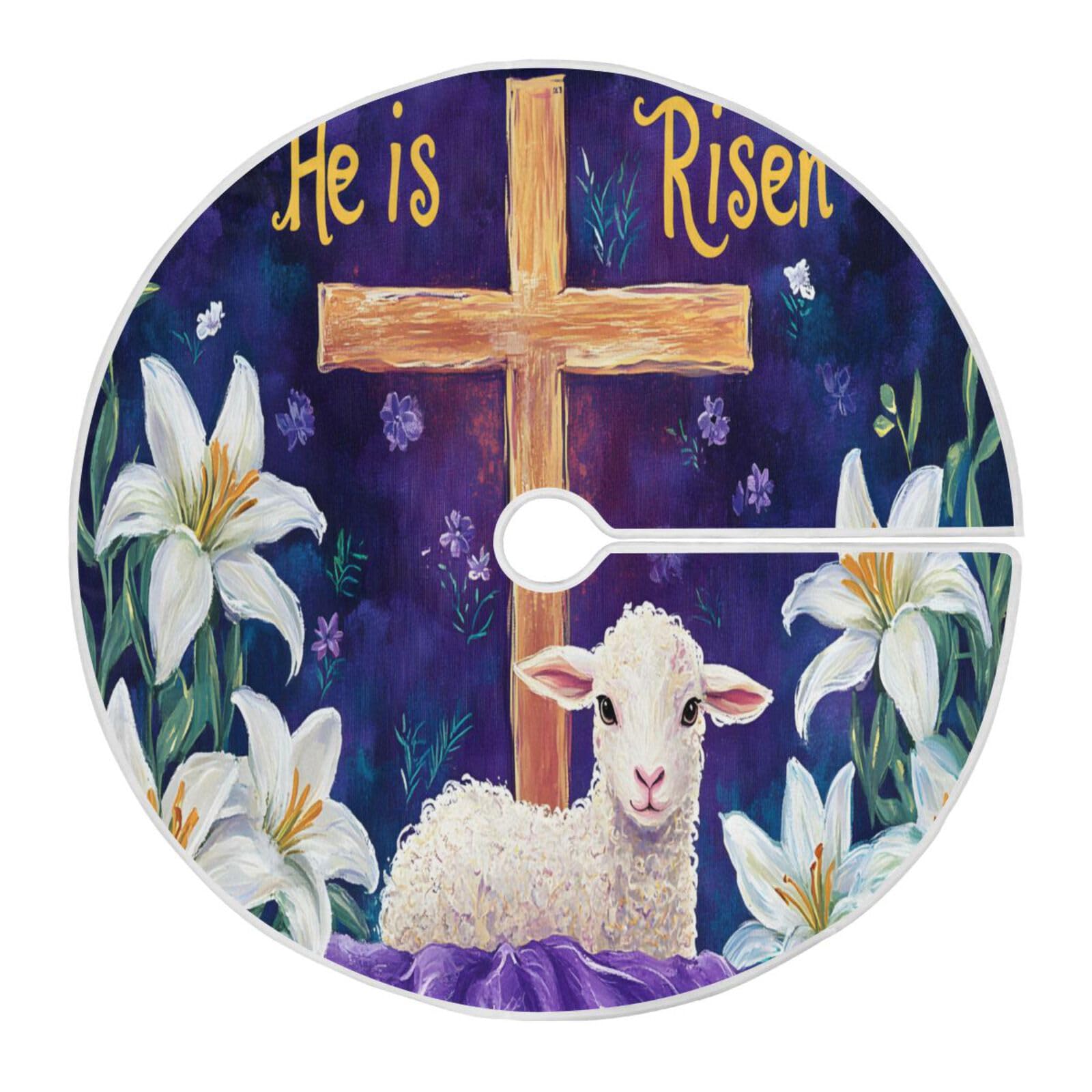 ALAZA Christmas Tree Skirt Decoration,Large Christmas Tree Skirt Ornament 47.2 Inch with He is Risen Easter Lily Flowers for Easter Holiday Home Party
