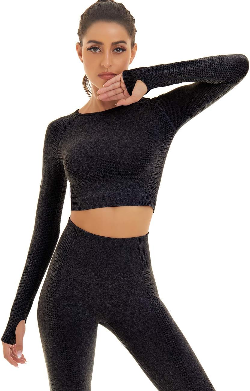 Women Seamless Workout Outfits Athletic Set Leggings + Long Sleeve Top 2 Pieces(Black, Large)