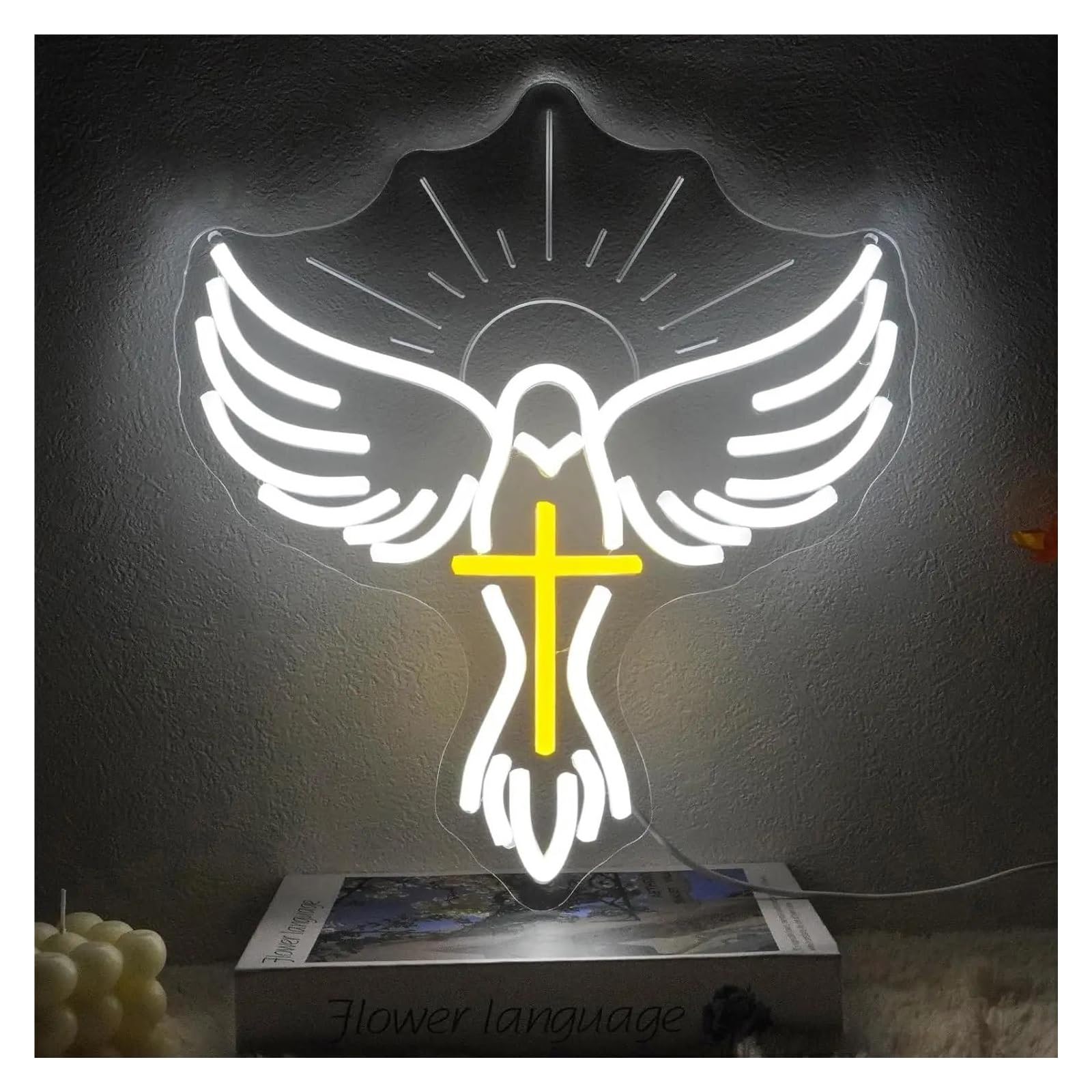 XENITE Hanging Art Neon Signs Dove Cross Neon Sign USB Dimmable for Church Wedding Home Party Bedroom Decorations 35.5x31.8cm