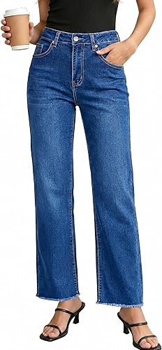 GRAPENT Straight Leg Jeans for Women High Waisted Stretchy Frayed Raw Hem Loose Denim Pants Casual Baggy Jean Trousers