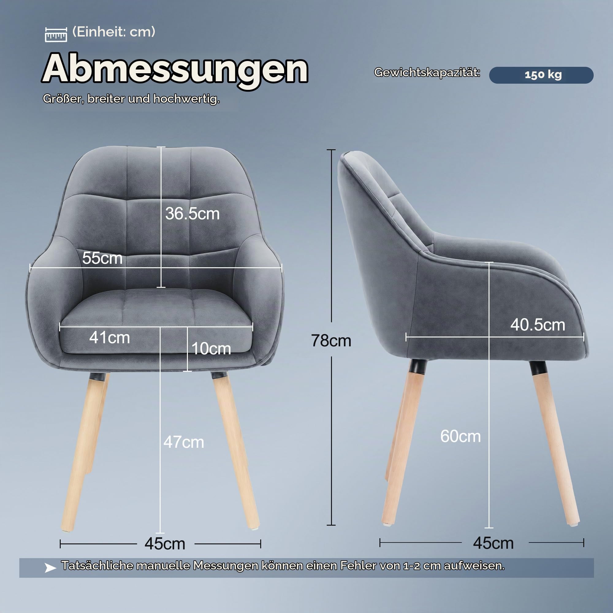 ELUCHANG Esszimmerstühle 4er Set, 10cm Dicke Polsterung Stuhl mit Hohen Armlehnen, Grau Samt, Massivholzbeine + Metallbasis bis 150 kg Belastbar, für Schlafzimmer Küche Wohnzimmer
