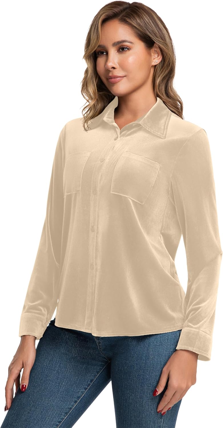 Womens Velvet Tops Casual Vintage Long Sleeve Lapel Neck Button Down Shirts Trendy Clothes 2025 - Image 2