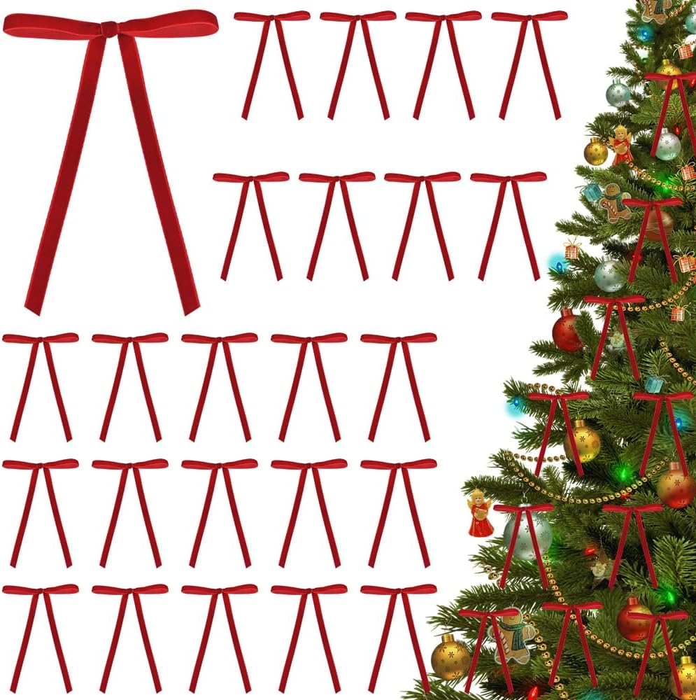 Amazon.com: Quimoy 24 Pcs Velvet Bows for Christmas Tree, Red Ribbon ...