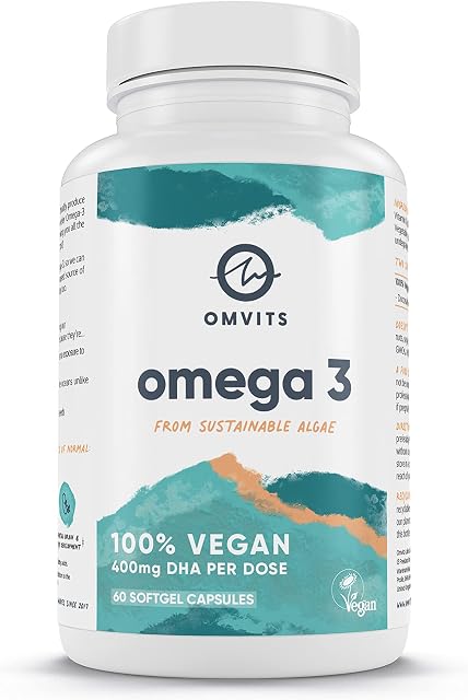 Omvits Vegan Omega 3 DHA Supplement from Algae Oil - 60 Capsules with Vitamin E - Sustainable Algal Alternative to Fish Oil - Vegetarian Essential Fatty Acids - Supports Heart, Brain & Eye Health