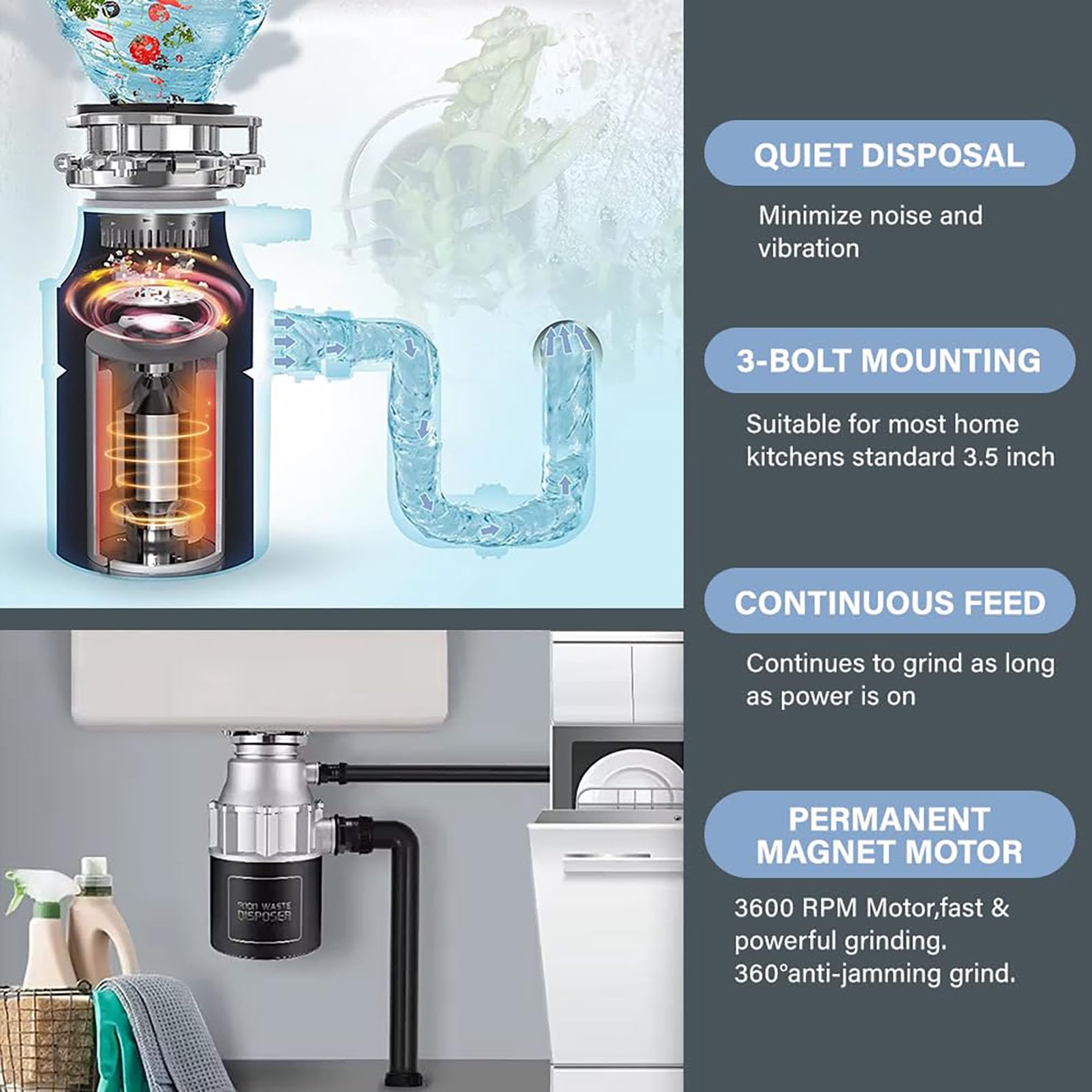 Triturador de basura para cocina, unidad de 560 W y 3200 rpm, sistema de trituración de acero inoxidable de 4 etapas y protección contra sobrecarga; silencioso y fácil de instalar