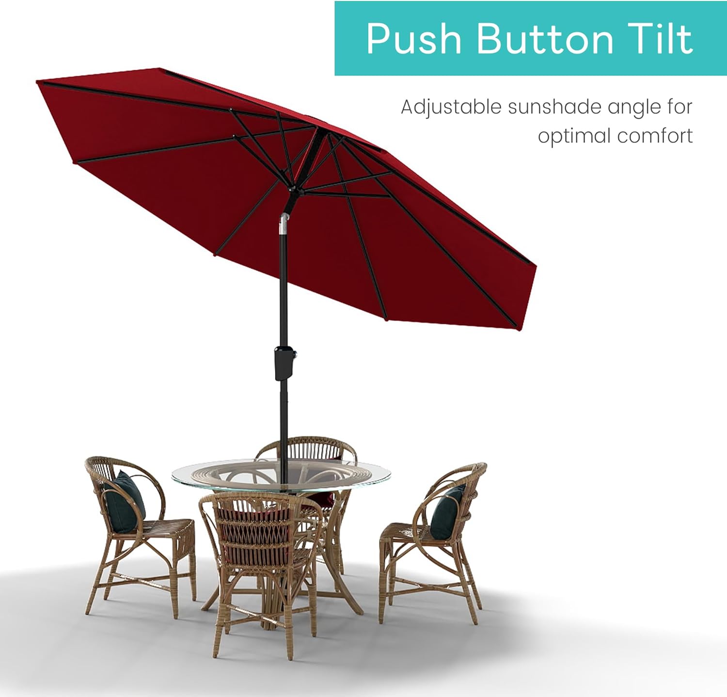 9ft Outdoor Patio Umbrella, Large Table and Market Style Umbrella with Geared Crank Mechanism, Push Button Tilt, Table Compatible, Red