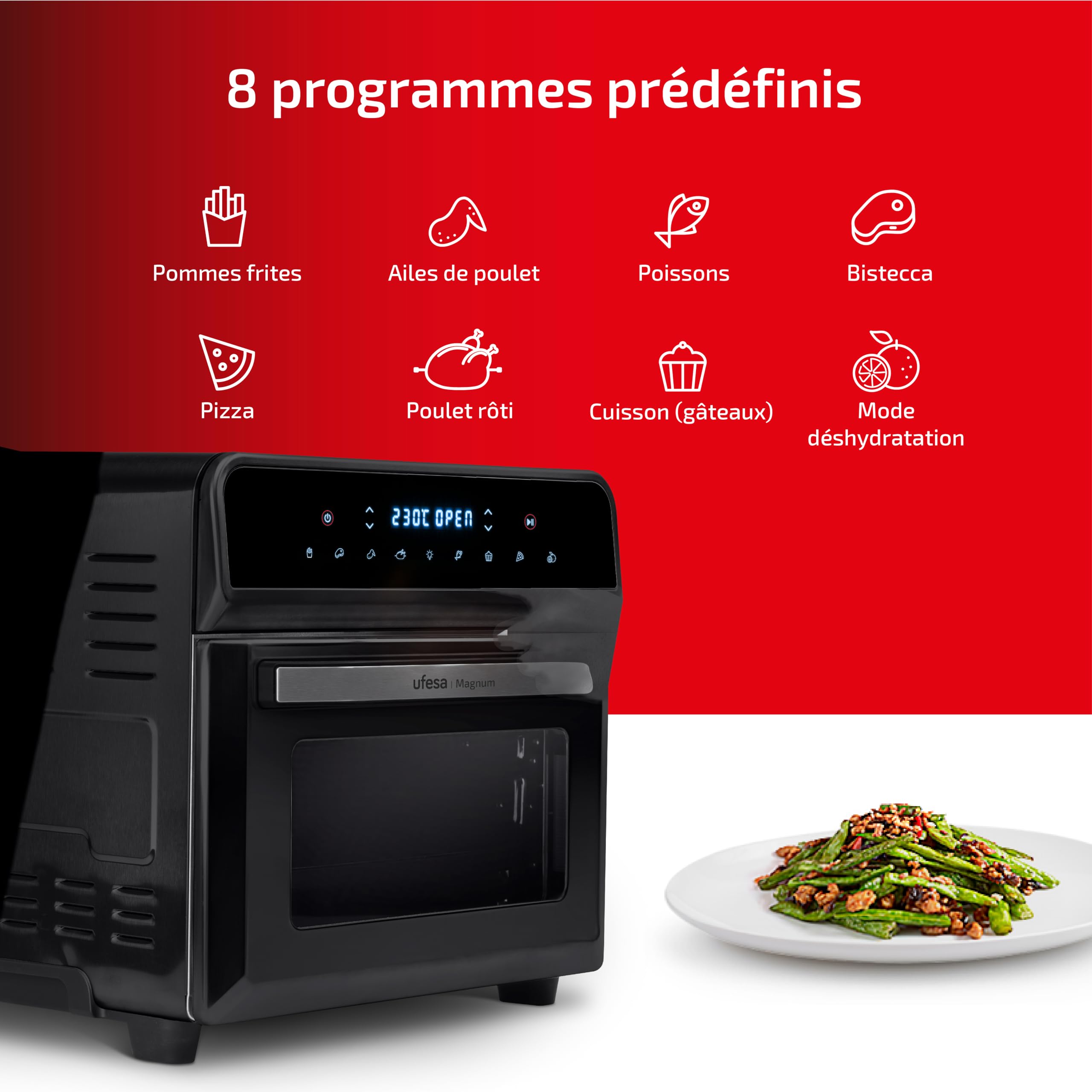 Ufesa Magnum, Four Electrique à Air, Air Fryer XXL, 23 L, Double Résistance, Économie D'énergie, 8 programmes, Rôtisserie, 1800 W, Contrôle Digital, Température de 230ºC, 6 Accessoires Inclus