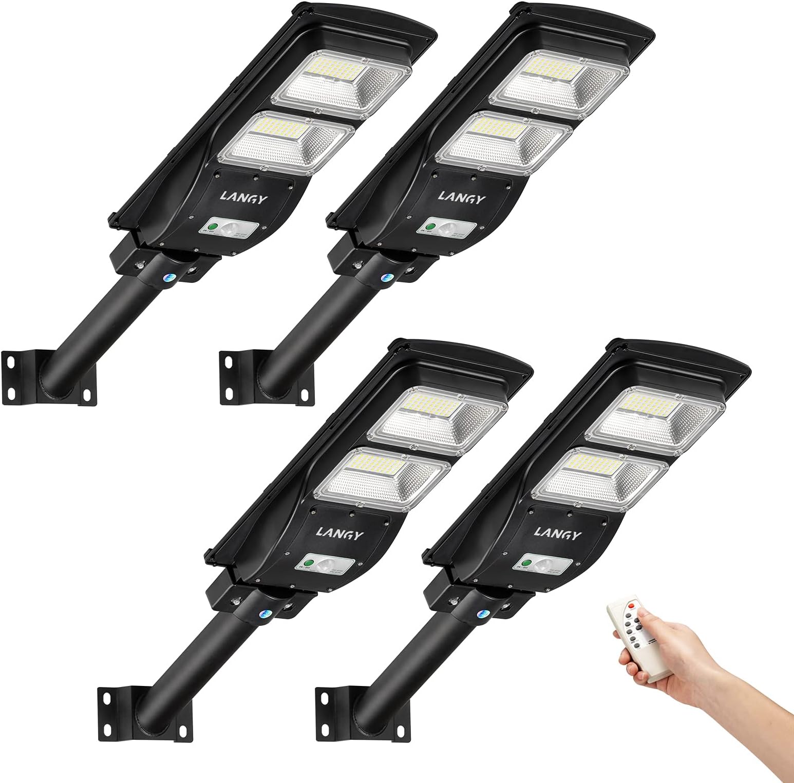 LANGY Plastic 4 Pack 60W Solar Street Light,120 LED 6000 Lumens with PIR Motion Sensor, Dusk to Dawn Security Led Light for Square,Yard, Garden,Basketball Court