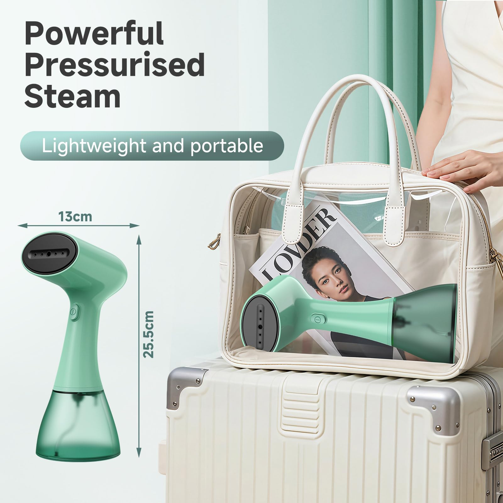 OLAYMEY Steamer Dampfglätter Reise, 1800W Clothes Steamer, 400ML Tragbarer Dampfbügeleisen, Steam Iron 30g/min, 20S Schnelles Aufheizen, Handdampfer für Kleidung, Leicht Dampfbürste für Zuhause