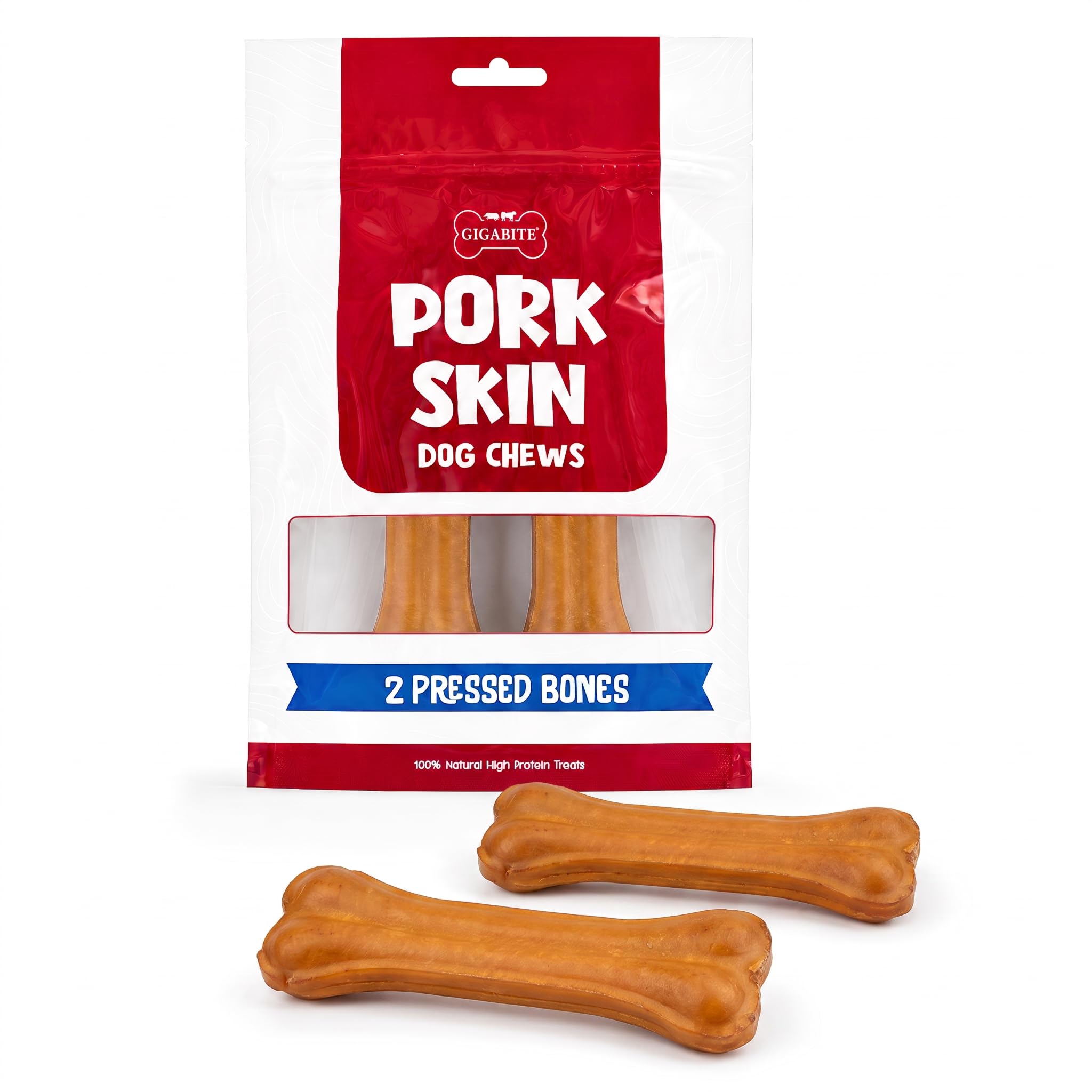 Best Pet Supplies GigaBite Pork Skin Dog Chews - 6" Bone Shape, 2 Count