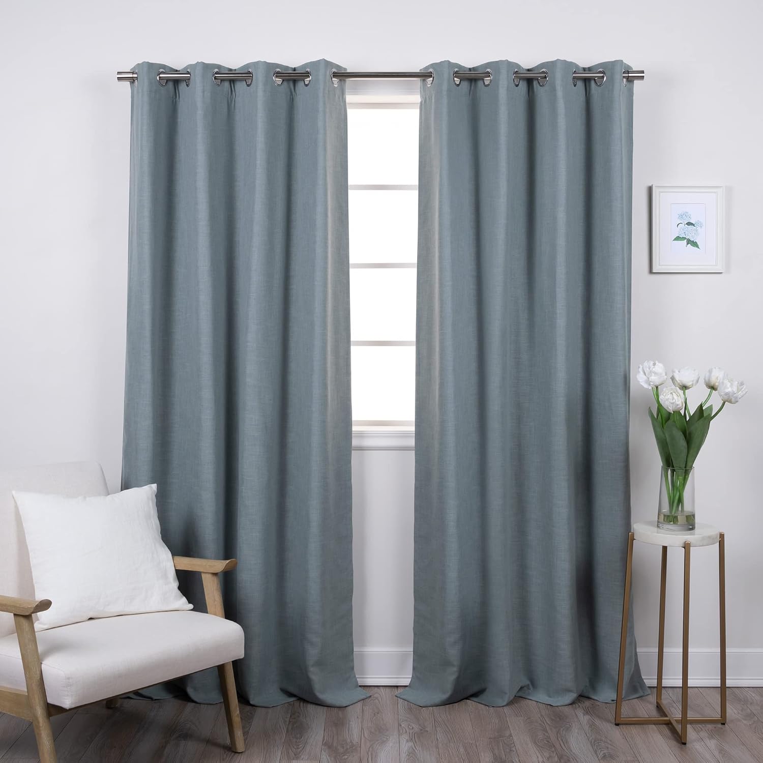 Best Home Fashion Linen Blend Blackout Curtains - Antique Bronze Grommets - 52" W x 84" L - Blue (Single Panel)