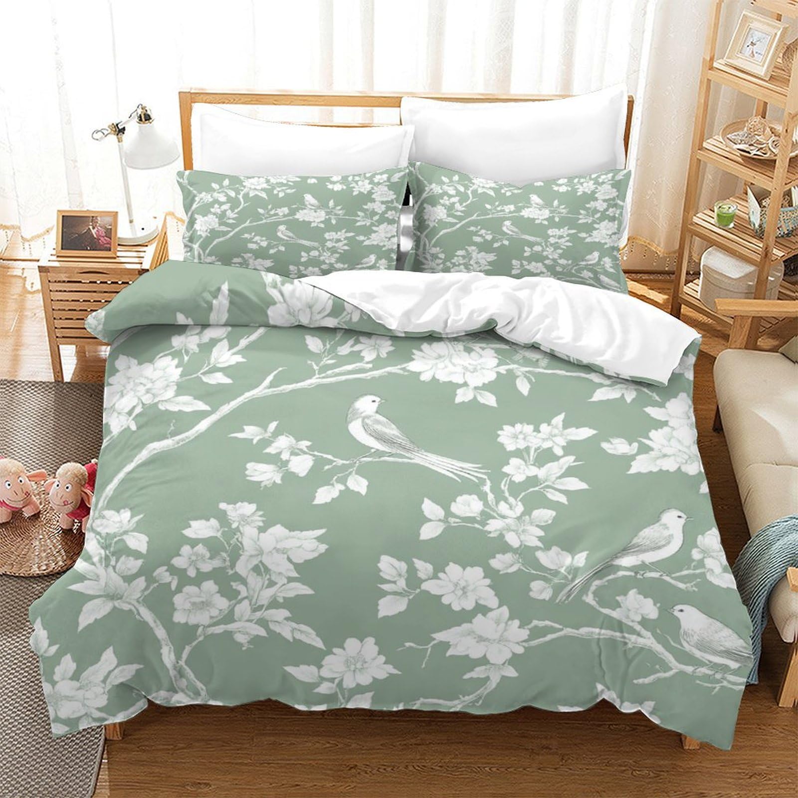 Qdzhcpmyk Green Mint Branches, Flowers Duvet Cover Set 3 Pcs Hotel Quality Quilt Cover Bedding Sets Bed Covers With Pillowcases With Zipper Closure Ultra Soft Anti Allergic Microfiber Double（200X200cm）