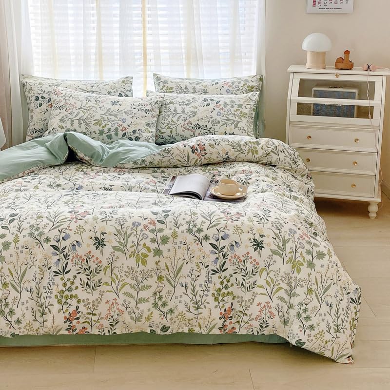 Image of VM VOUGEMARKET Green Flower Duvet Cover Set Queen for Teen Girls,90 inchx90 inch