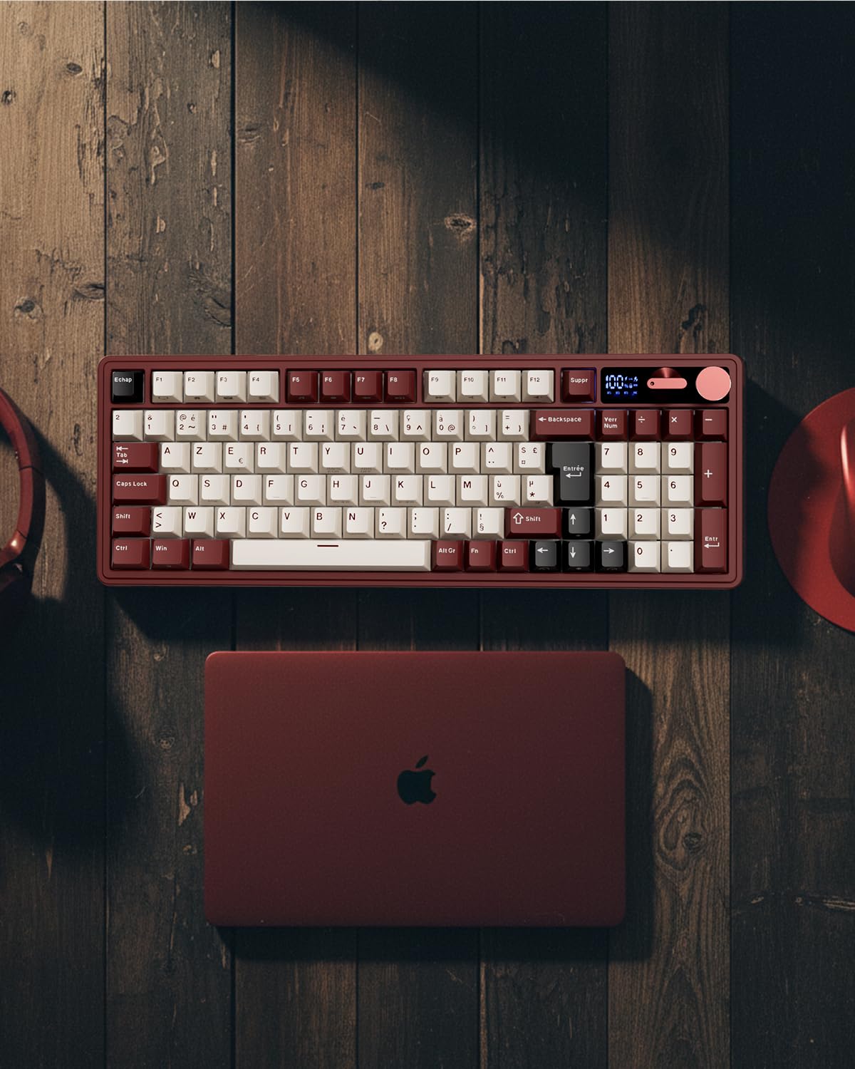 RK ROYAL KLUDGE M100 Clavier Gamer sans Fil AZERTY, Clavier Mécanique 96% avec Pavé Numérique, Écran et Boutons BT/2.4G/USB-C RGB 8000mAh Gasket Structure Touches PBT Hot-Swap Creamy Switches, Rouge