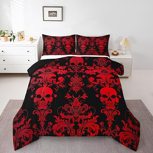 Juego de ropa de cama de damasco rojo para adultos, juego de edredón barroco victoriano antiguo, tamaño matrimonial, edredón floral gótico vintage,