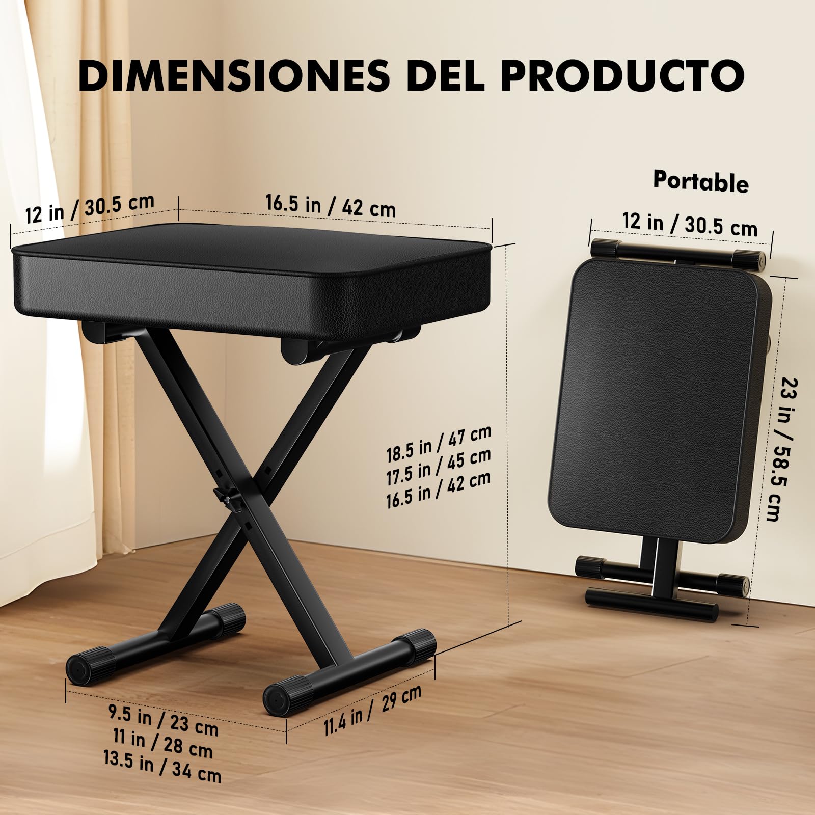 GLEAM Banco para teclado, cojín acolchado estilo X, altura ajustable, 36.8-47.0 cm, taburete de piano, silla de teclado, color negro