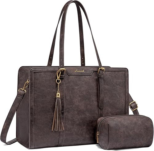 Miniatura 26 de LOVEVOOK Bolsa para laptop para mujer, bolsa de trabajo de cuero vintage de 17.3 pulgadas, bolsa de computadora de gran capacidad con bolso de mano